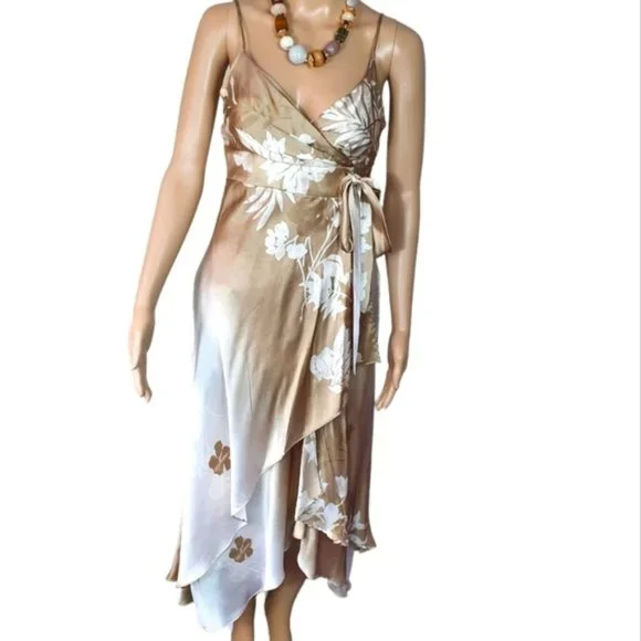 Table 8 floral maxi slip dress wrap SILK tanwhite ruffled ruched - Picture 1 of 8